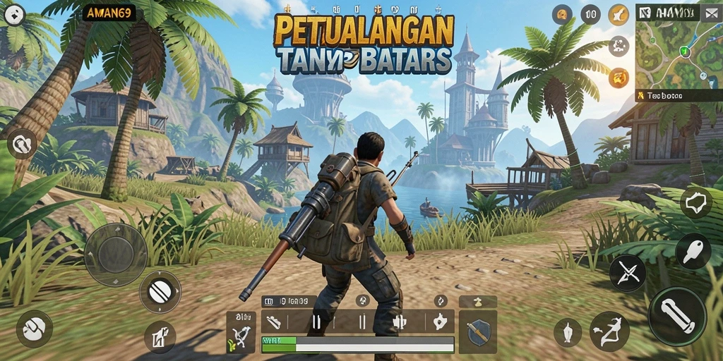 Screenshot gameplay AMAN69 yang menunjukkan petualangan di dunia terbuka.