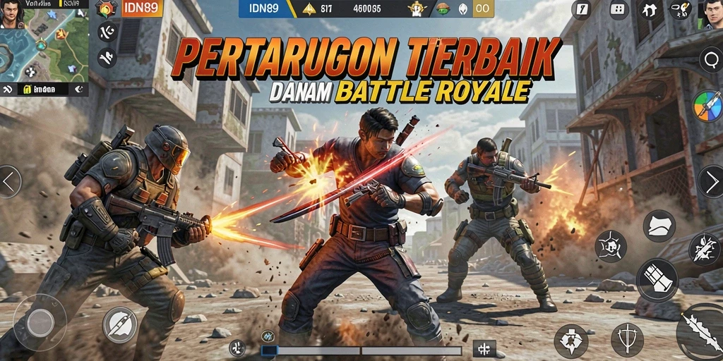 Screenshot gameplay IDN89 menampilkan pertempuran intens di arena Battle Royale.