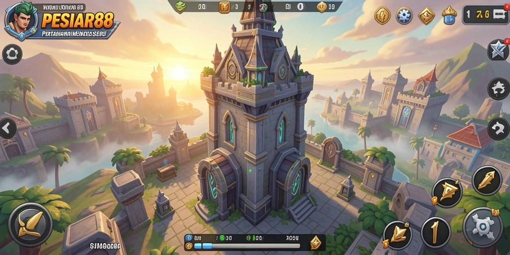 Screenshot gameplay PESIAR88 menampilkan menara megah dan musuh yang mendebarkan.
